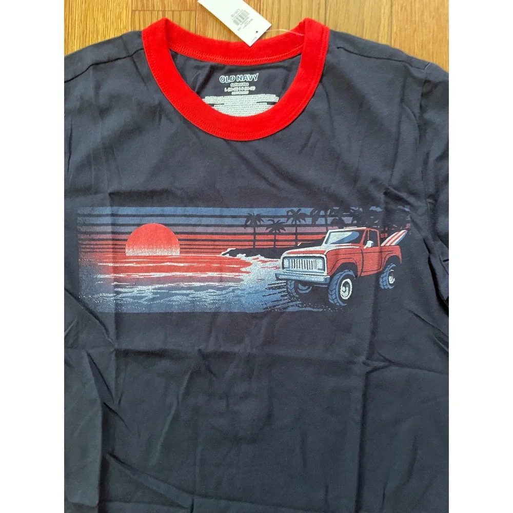 Old Navy Softest Tee Navy Blue Red Ringer‎ Sunset Truck Graphic Shirt L 10-12